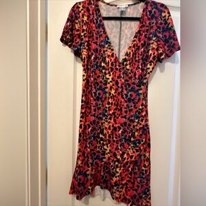 Multi color print semi wrap short sleeve dress